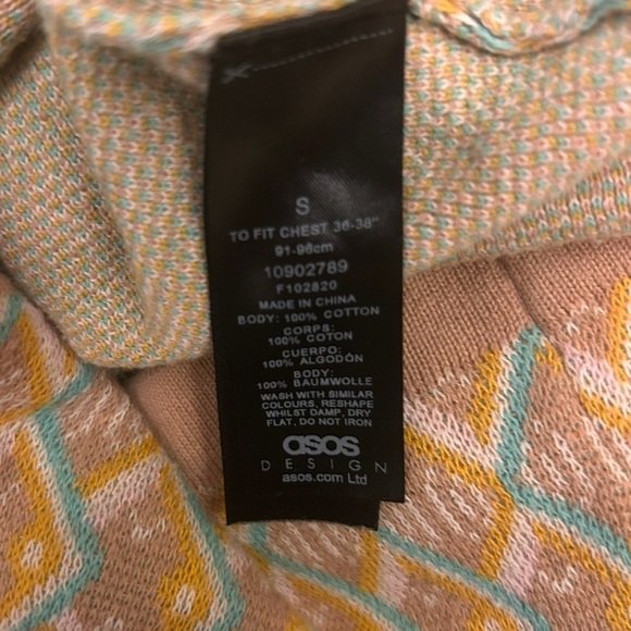 ASOS Men’s 70s Retro Knit Polo Light Brown Geometric Short Sleeve Shirt Size S - Picture 8 of 11